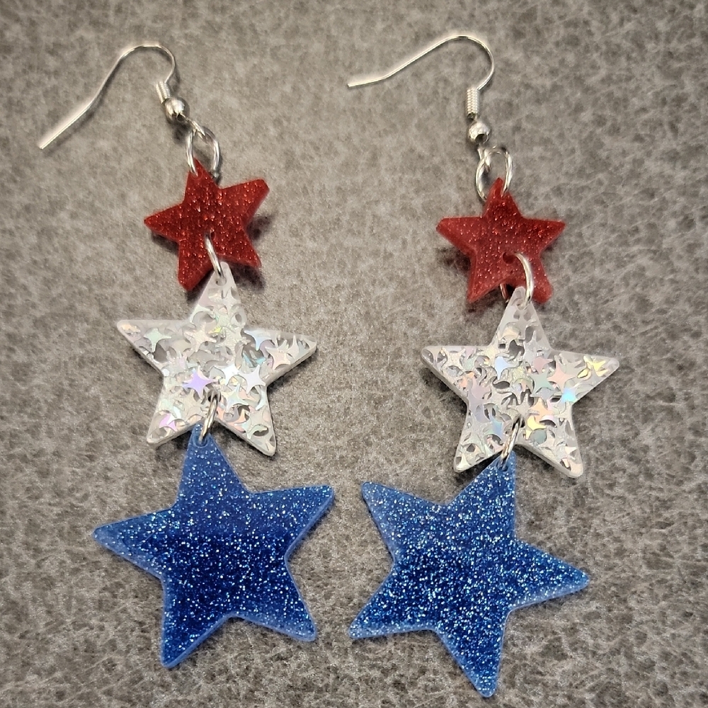 Sparkling Star Earrings - Red, Silver, and Blue